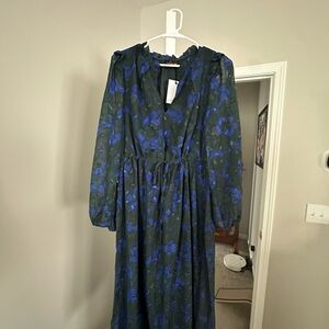 NWT Sugarlips Forest Green Dress with Vibrant Blue Floral Design